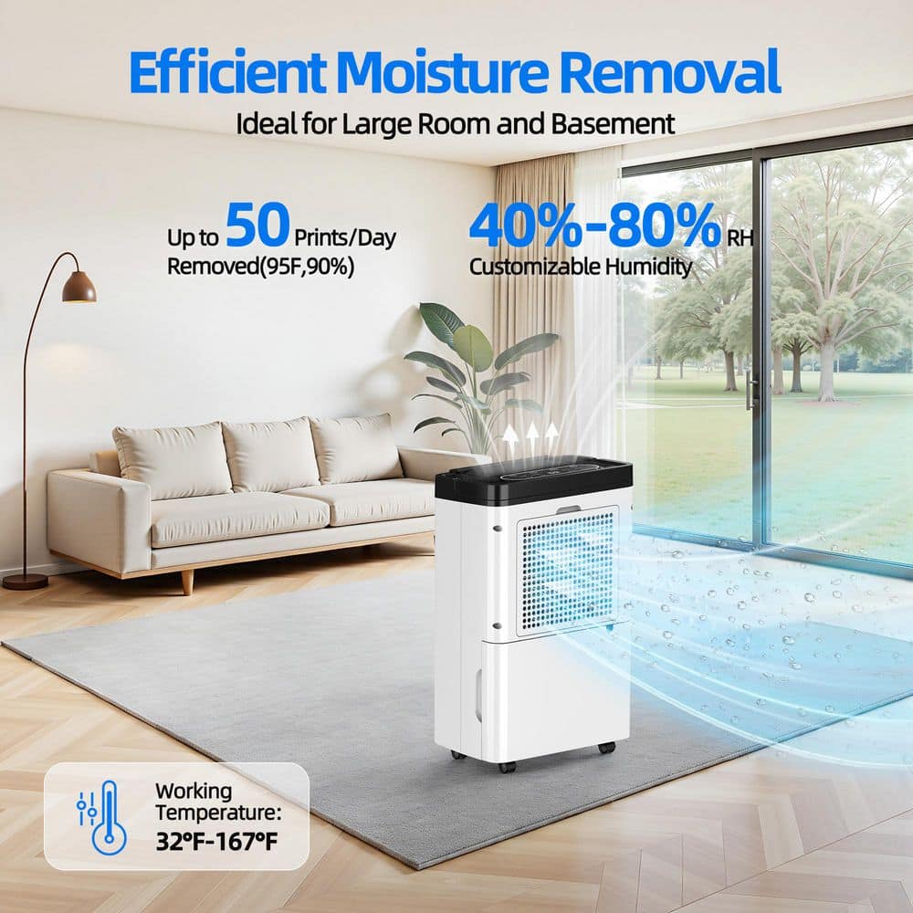 Edendirect 50 pt. 4,500 sq. Dehumidifier for Basement with Drain Hose, Bucket, 35dB Sleep Mode, Continuous Run, Timer (3)