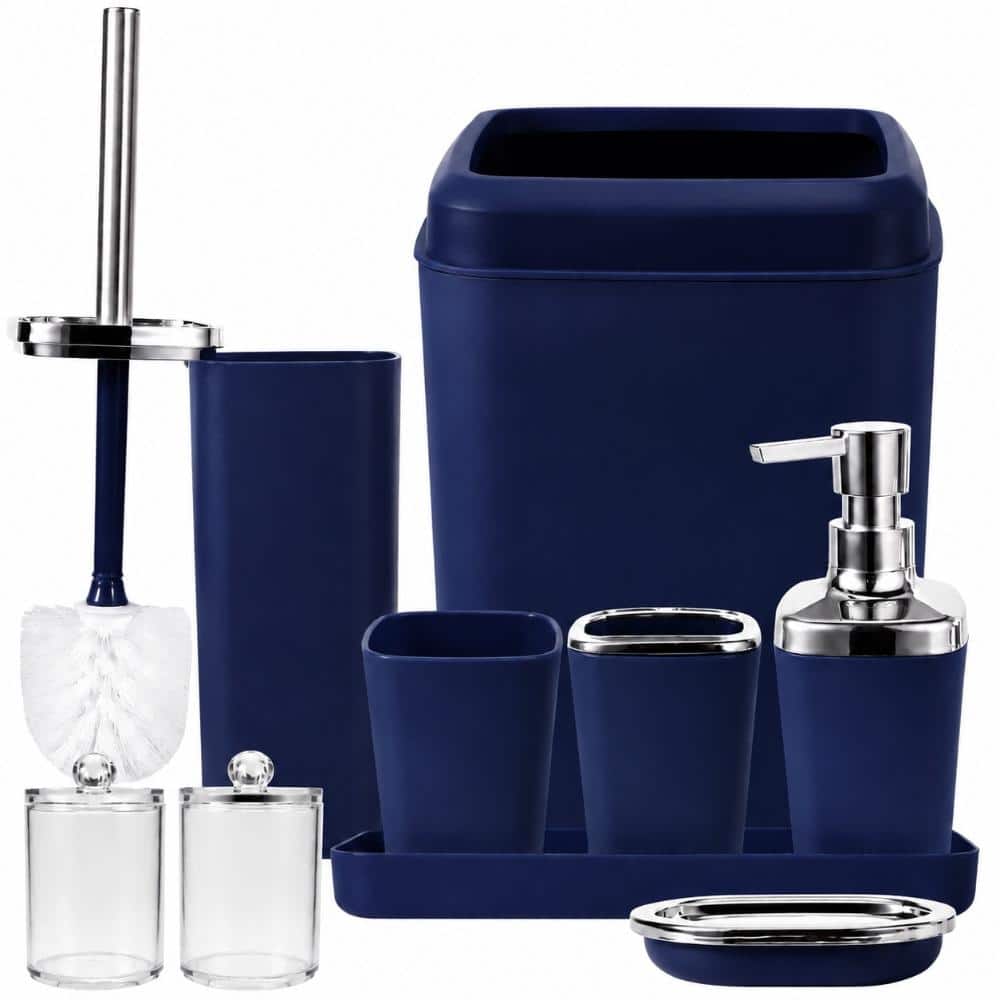Unbranded Blue 9-Piece Bathroom Countertop Accessory Set with Trash Can, Soap Dispenser, Toothbrush Holder, Tumbler (1)