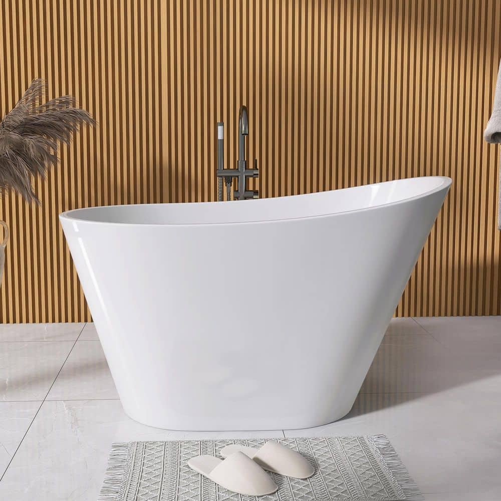 Getpro 51 in. x 27.56 in. Acrylic Flat Bottom Free Standing Bathtub Oval Freestanding Soaking Bathtub with Side Drain in White (1)