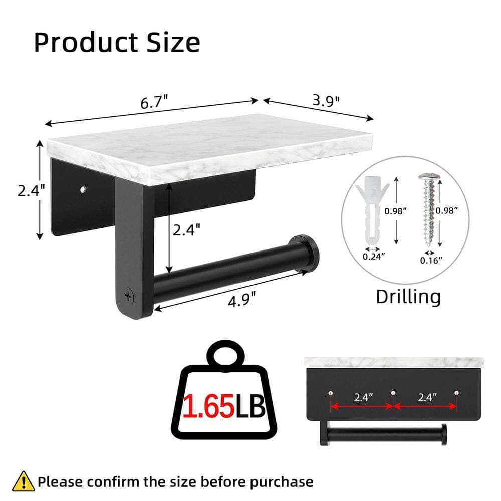 KHKFY Marble Toilet Paper Holder with Shelf, 304 Stainless Steel Wall Mount, Matte Black, 6.7 x 3.9 x 2.4 Inch (3)