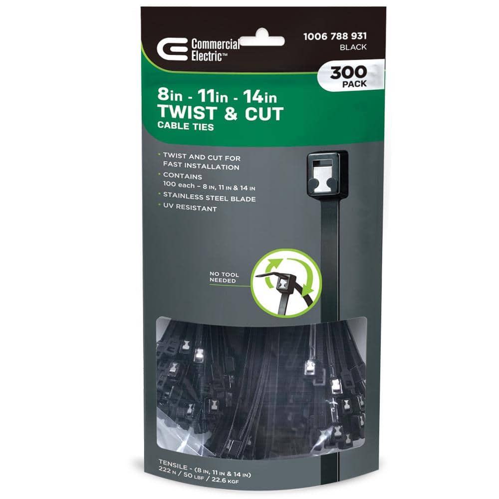 Commercial Electric 8 in. 11 in. 14 in. Twist and Cut UL Listed UV Resistant Cable Ties 300 Combo Pack