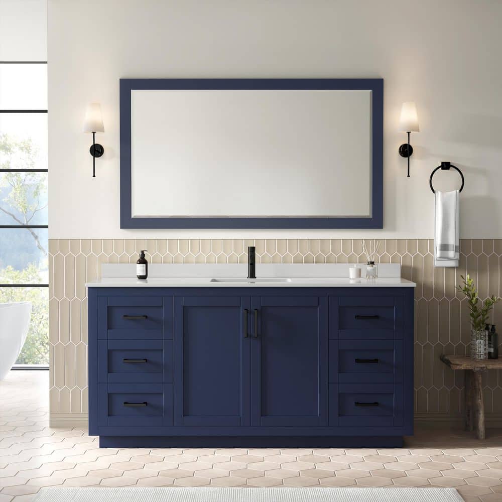 Wyndham Collection 66 in. W 22 in. D Quartz White Rectangular Single Sink Bathroom Vanity Top White (4)