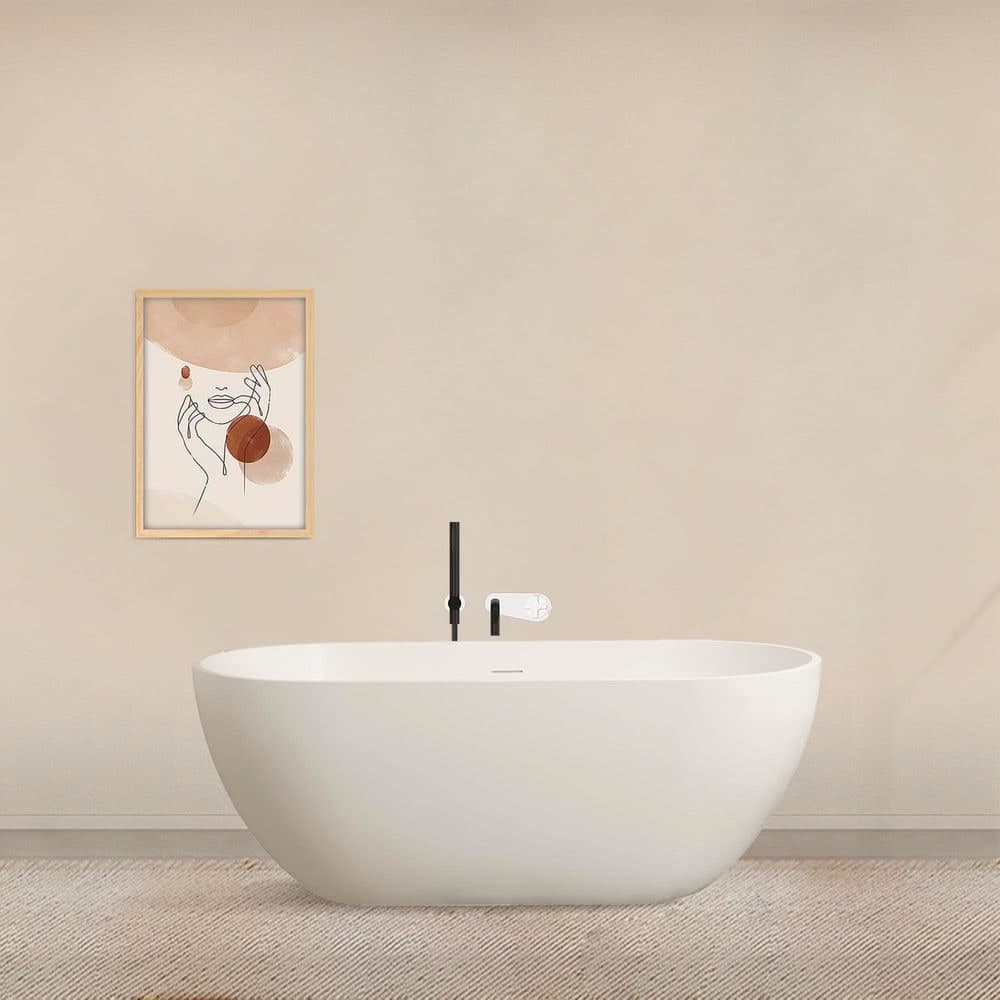 WELLFOR 59 in. x 29.5 in. Artificial Stone Soaking Bathtub in Matte White Solid Surface with Overflow and Pop-up Drain (1)
