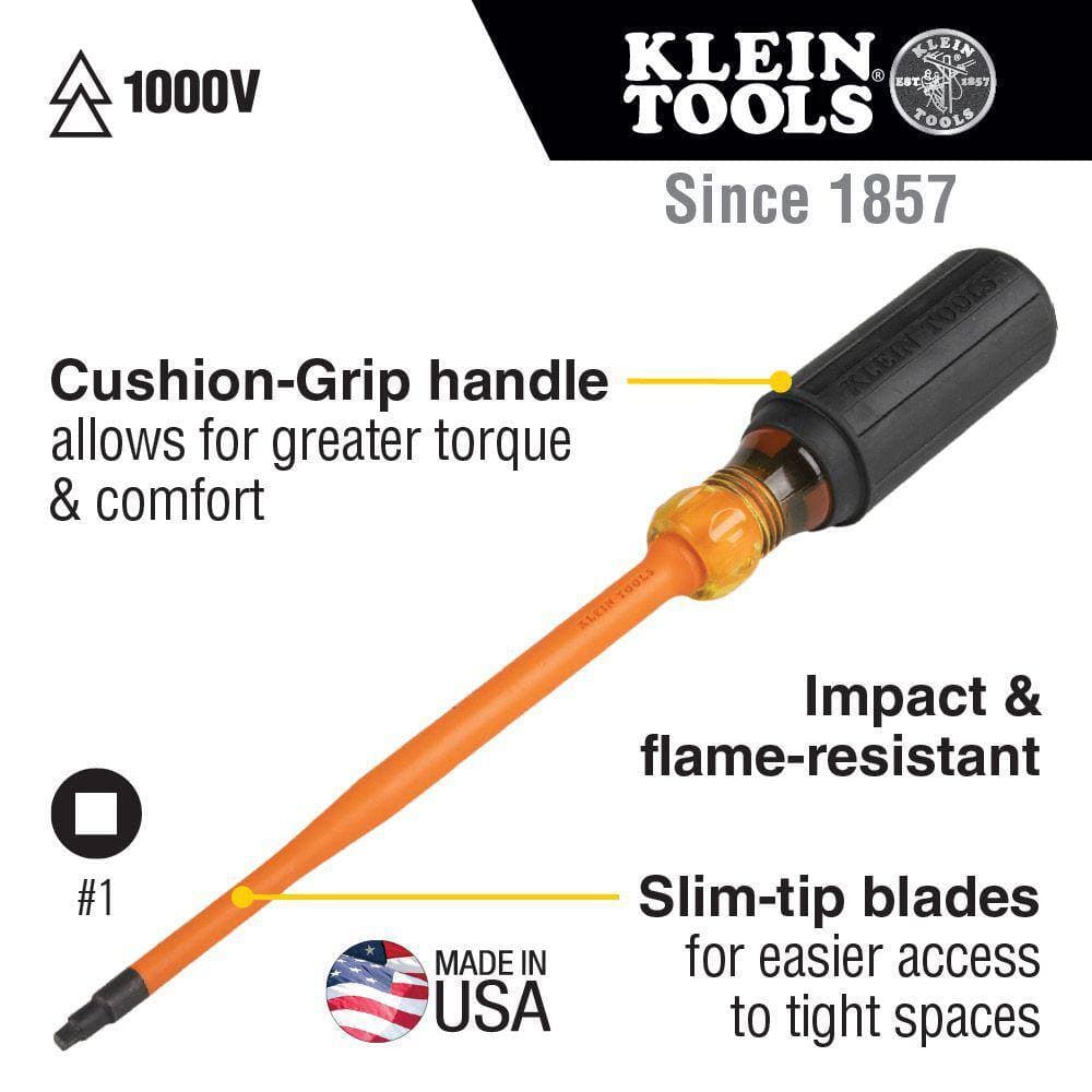 Klein Tools #1 Square, 4 in. Round Shank Slim-Tip 1000-Volt Insulated Screwdriver (2)
