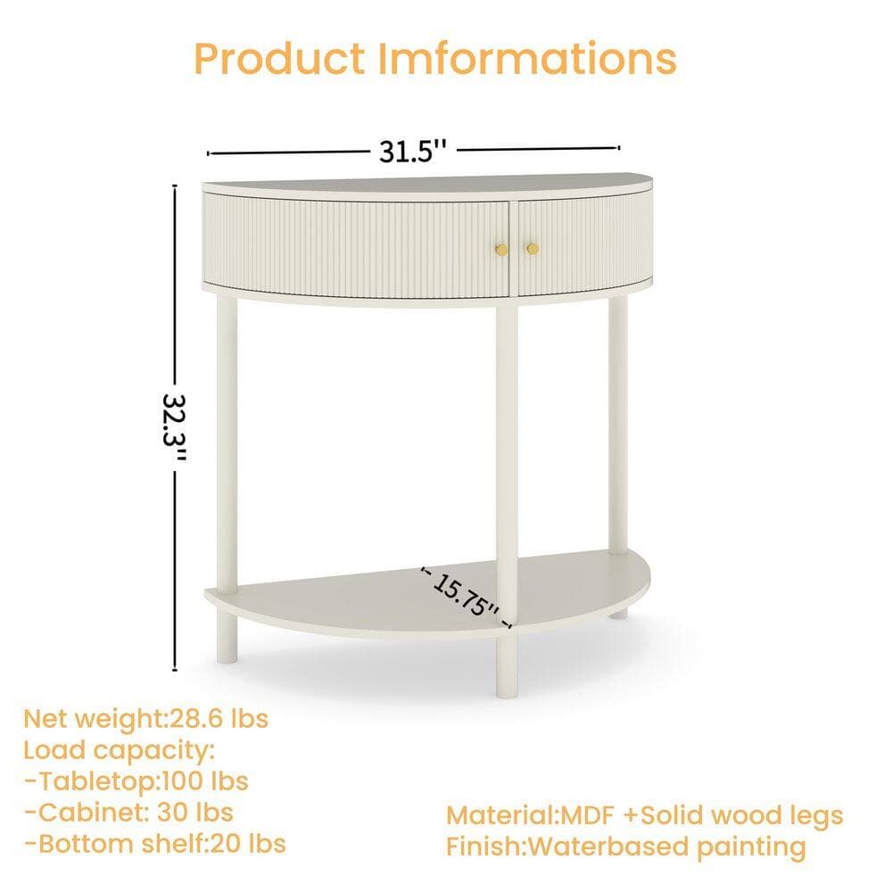 Lycvki 31.50 in. W 32.30 in. H x 15.75 in. D Wood Half Round Shelf in Cream White with 2 Storage Drawers and Bottom Shelf (2)