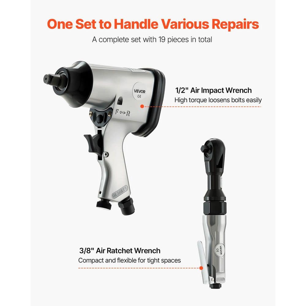 VEVOR 1/2 in. Air Impact Wrench and 3/8 in. Ratchet Wrench Combo, 19-Piece Pro Air Tool Kit w/ 10-Pieces CR-V Sockets and Case (2)