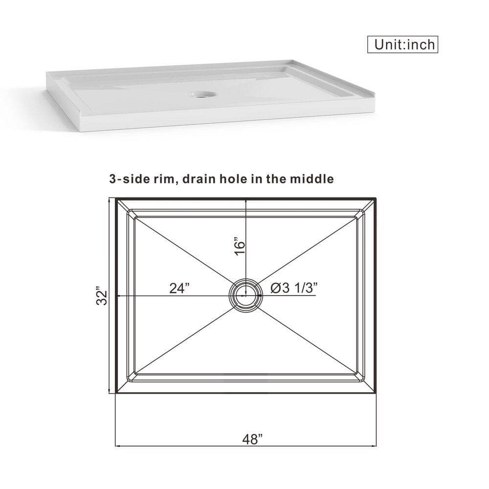 LIVACA 32 in. L x 48 in. W Alcove Single Threshold Shower Pan Base with Center Drain in White (2)