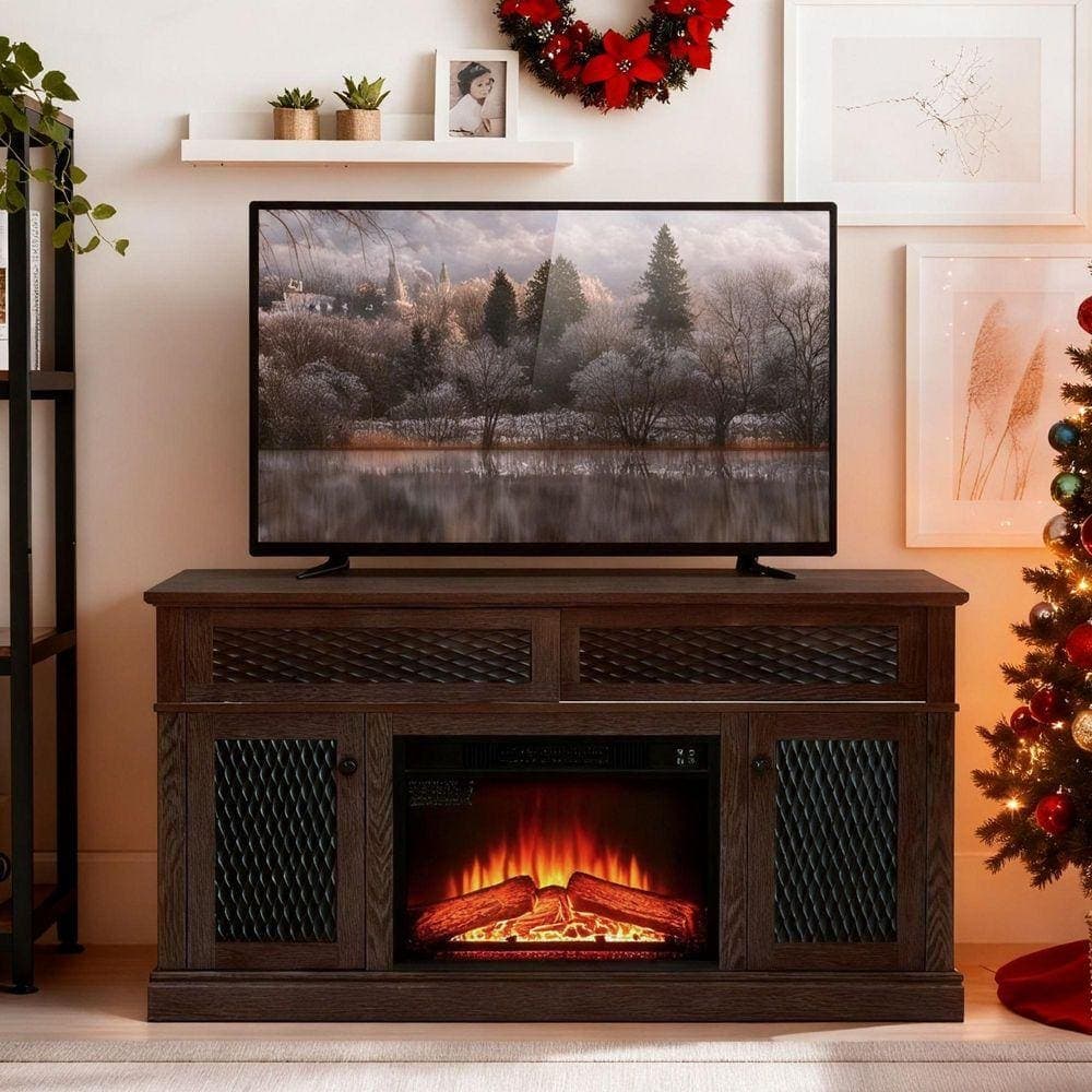 SUNRINX Farmhouse 58 in. Freestanding Wood Electric Fireplace TV Stand with Embossed Doors and Storage in Cherry (3)
