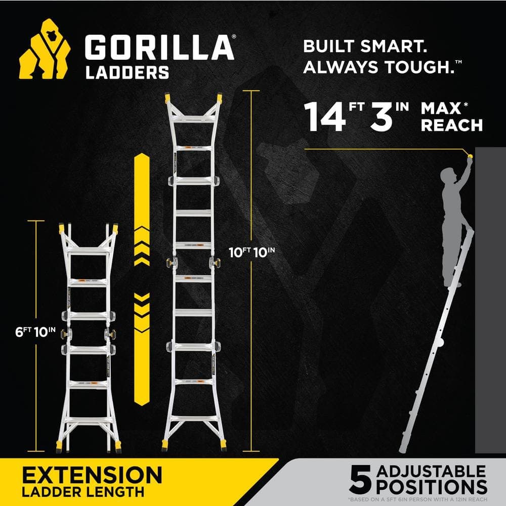 Gorilla Ladders Reach Aluminum Multi-Position Ladder with Tool Hangers, 300 lbs. Load Capacity, Type IA Duty Rating (4)