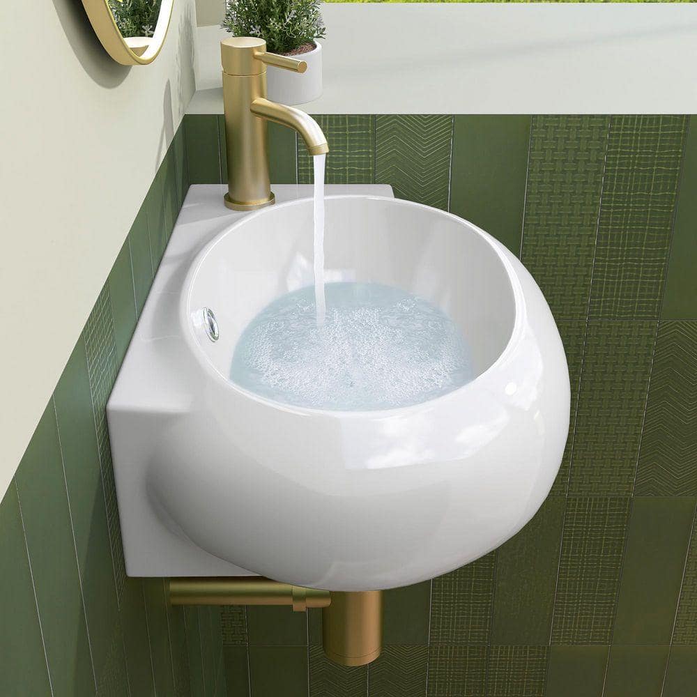 NTQ 16.9 in. W x 11 in. D x 5.9 in.H Ceramic Oval Small White Wall-Mounted Bath Vessel Sink Single Bowl w/ Right Faucet Hole (3)