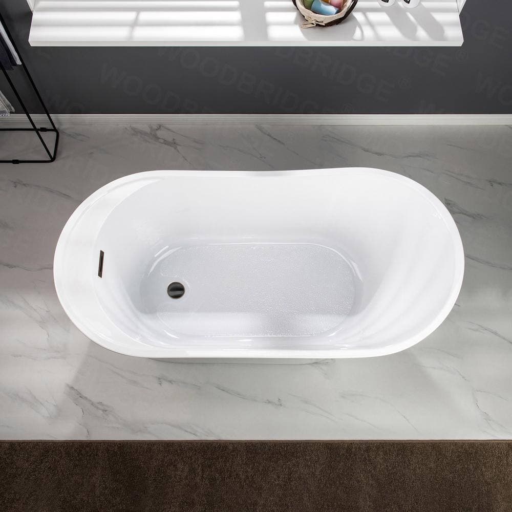 WOODBRIDGE Wayne Acrylic FlatBottom Single Slipper Bathtub with Oil Rubbed Bronze Overflow and Drain Included White (4)