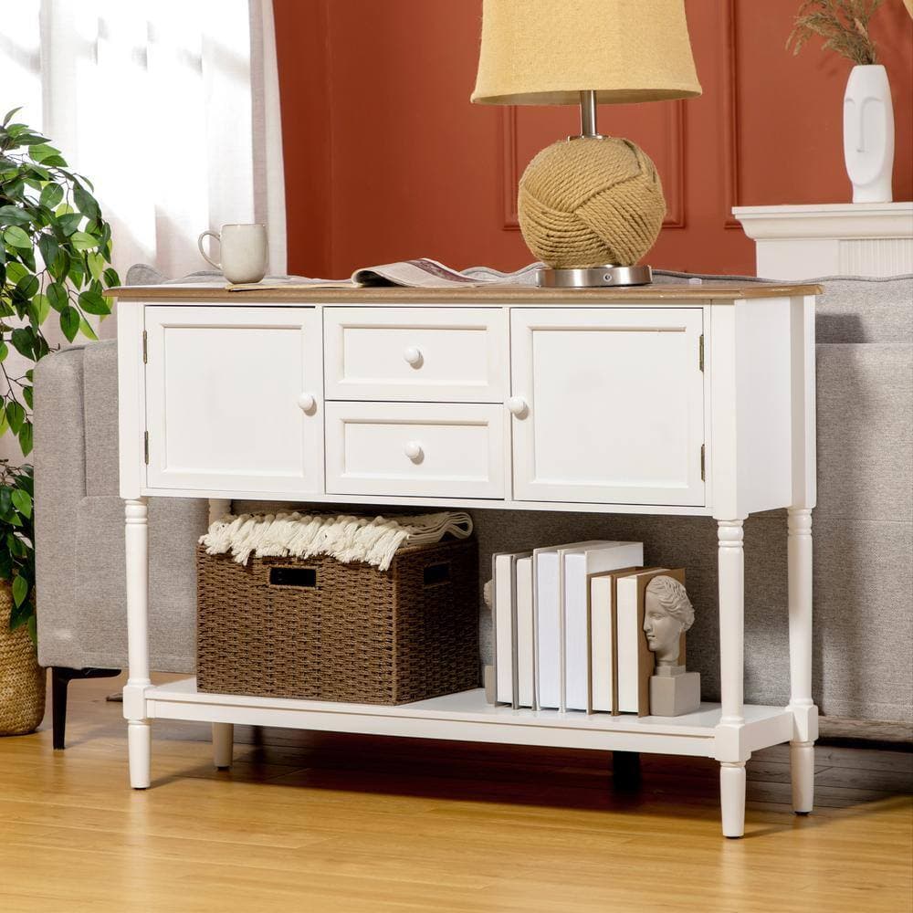 Unbranded 45.25 in. W x 11.75 in. D x 32.25 in. H White Linen Cabinet with 2-Drawers, Cabinets and Bottom Shelf, Retro Sofa Table (3)