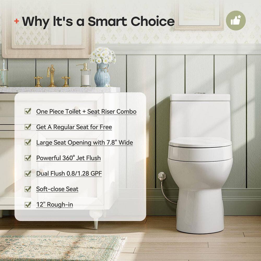 HOROW WaterSence (1-Piece) 0.8/1.28 GPF Dual Flush Elongated Toilet in White with 3 in. Elevated Toilet Seat with Lid, Hinge (3)