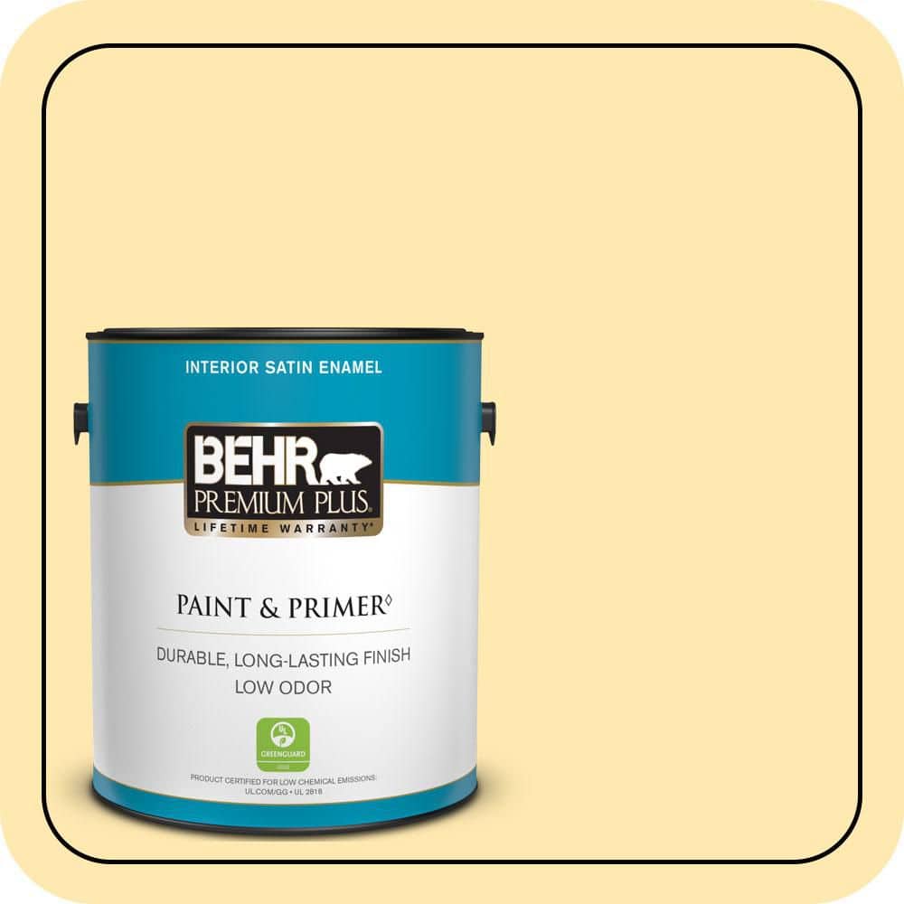 BEHR PREMIUM PLUS 5 gal. #330A-3 Lively Yellow Semi-Gloss Enamel Low Odor Interior Paint & Primer (1)
