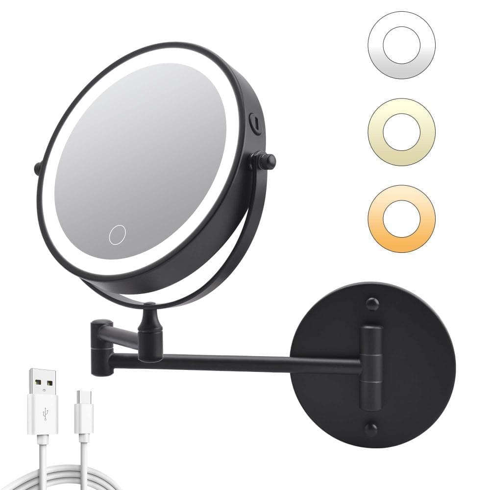 Tileon 8 in. W x 8 in. H Round Wall Mounted Bathroom Makeup Mirror with Lights & Foldable Arm, 1X/10 360° Rotation in Black (1)