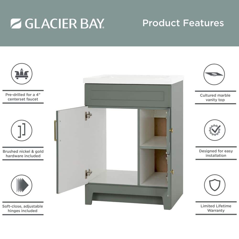 Glacier Bay Chasbury 25 in. Single Sink Palm Green Freestanding Bath Vanity with White Cultured Marble Top (Assembled) (4)
