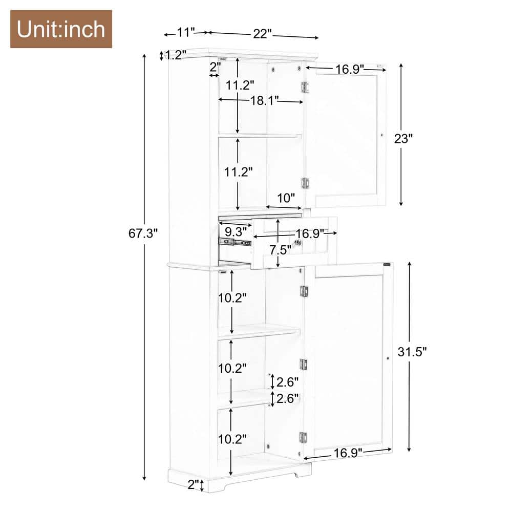 Virubi Freestanding 22 in. W 11 in. D 67.3 in. H Bathroom Storage Linen Cabinet with Drawer and Adjustable Shelf (2)
