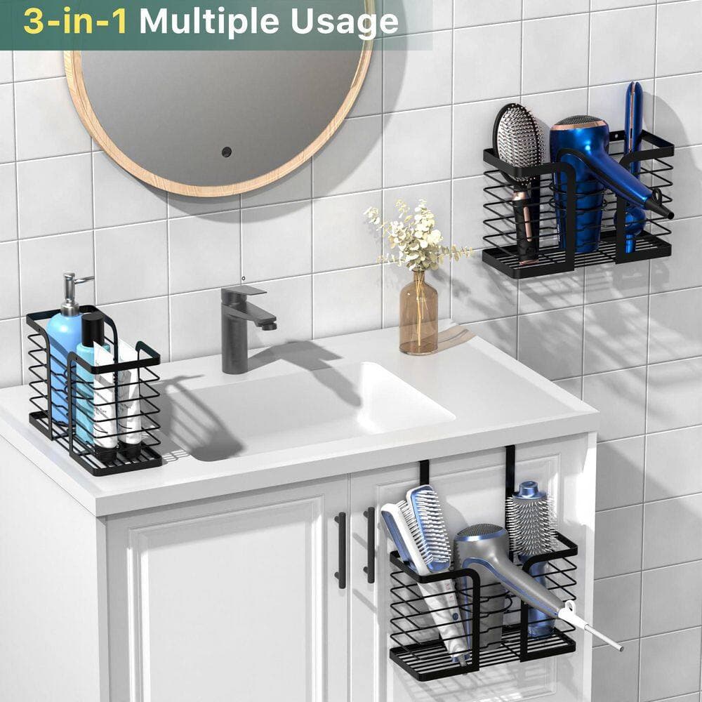 Anqtovp 10.62 in. Wall Mounted or Cabinet Door Hair Tool Organizer in Stainless Steel Finish for Bathroom Storage Black (2)