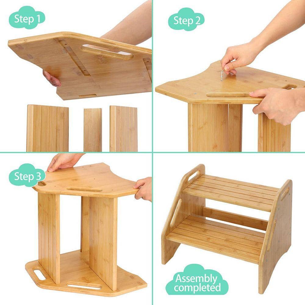 KIWDZFU 1 ft. Reach 2-Step Stool for Toddlers Non-Slip Bamboo Wood 300 lbs. Capacity Safety Handles Bathroom Kitchen Dual Height (2)