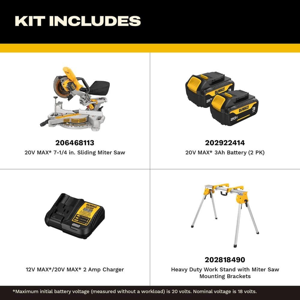 DEWALT 20V MAX Cordless 7-1/4 in. Sliding Miter Saw with (1) 20V Battery 4Ah and Heavy-Duty Work Stand with Miter Saw Brackets (2)