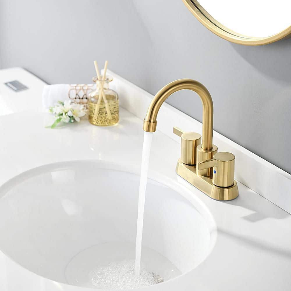 Phiestina Brushed Gold 4 Inch 2 Handle Centerset Lead-Free Bathroom Faucet (2)