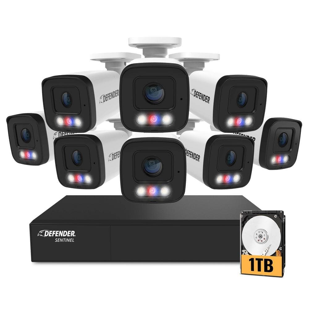 Defender AI Powered Sentinel 4K Ultra HD Wired 8-Channel PoE NVR Security System, 8-Metal Cameras with 1TB HDD