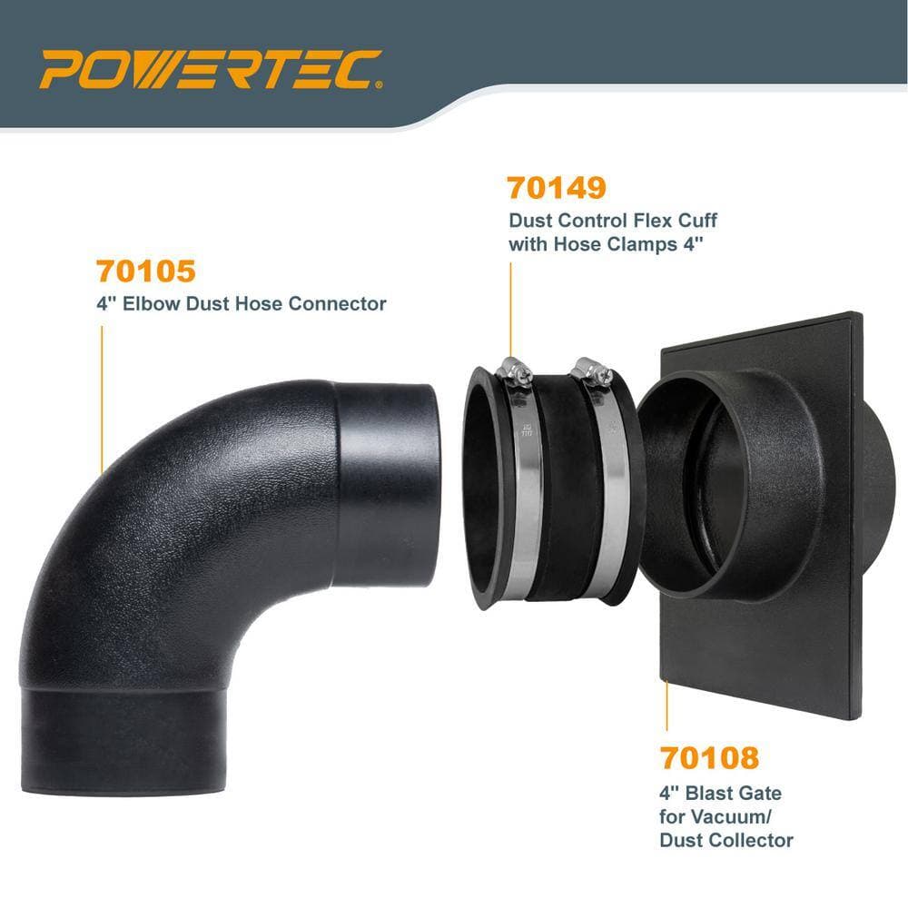 ‎POWERTEC 4 in. Dust Collection Hose 90 ° Elbow Connector w/ Blast Gate and Dust Control Flex Cuff for Dust Collector (2-Set) (3)