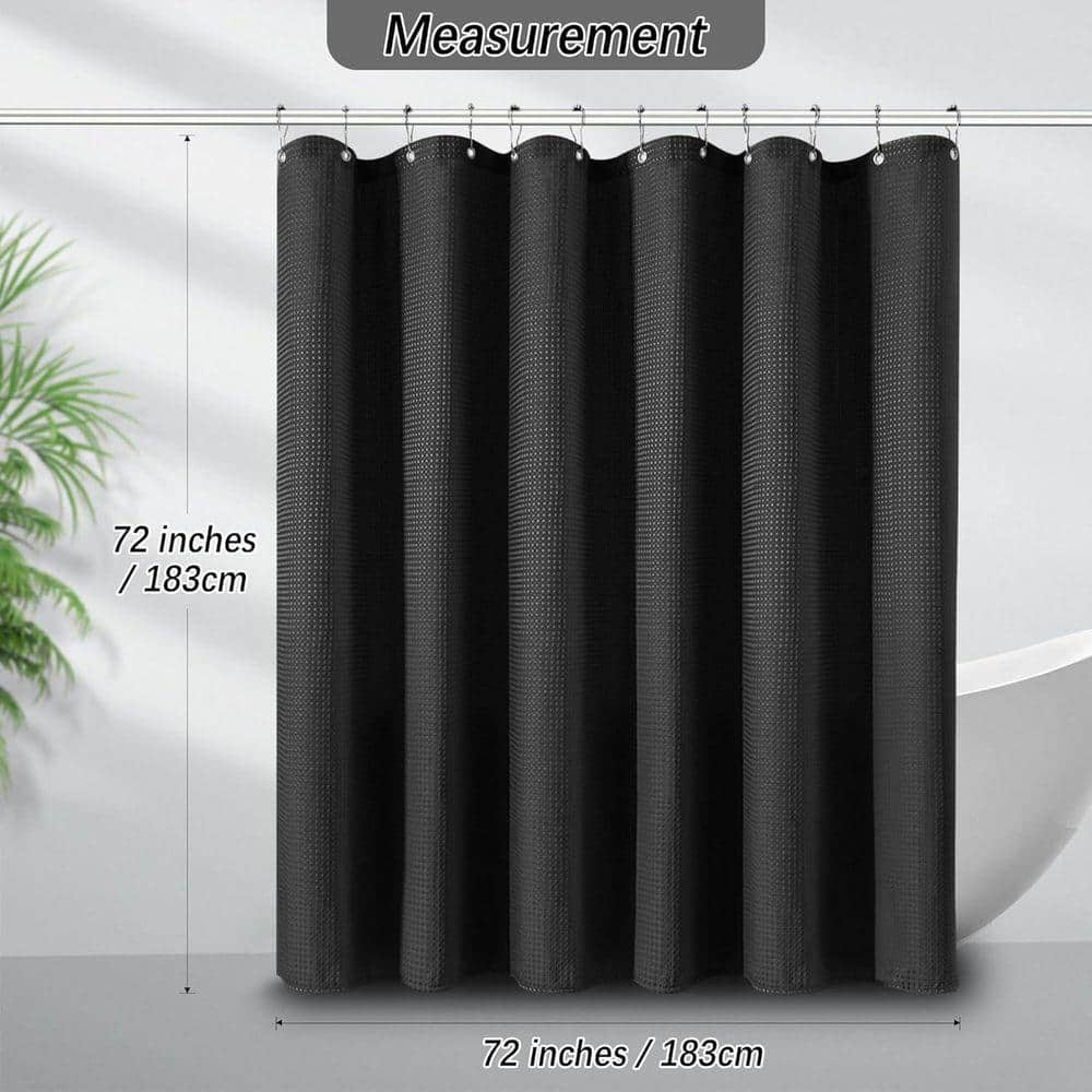 JFVKAF 72 x 72 Heavy Duty Waffle Woven Shower Curtain Weighted Fabric Luxury Bath Curtain with 12-Hooks in Black (2)