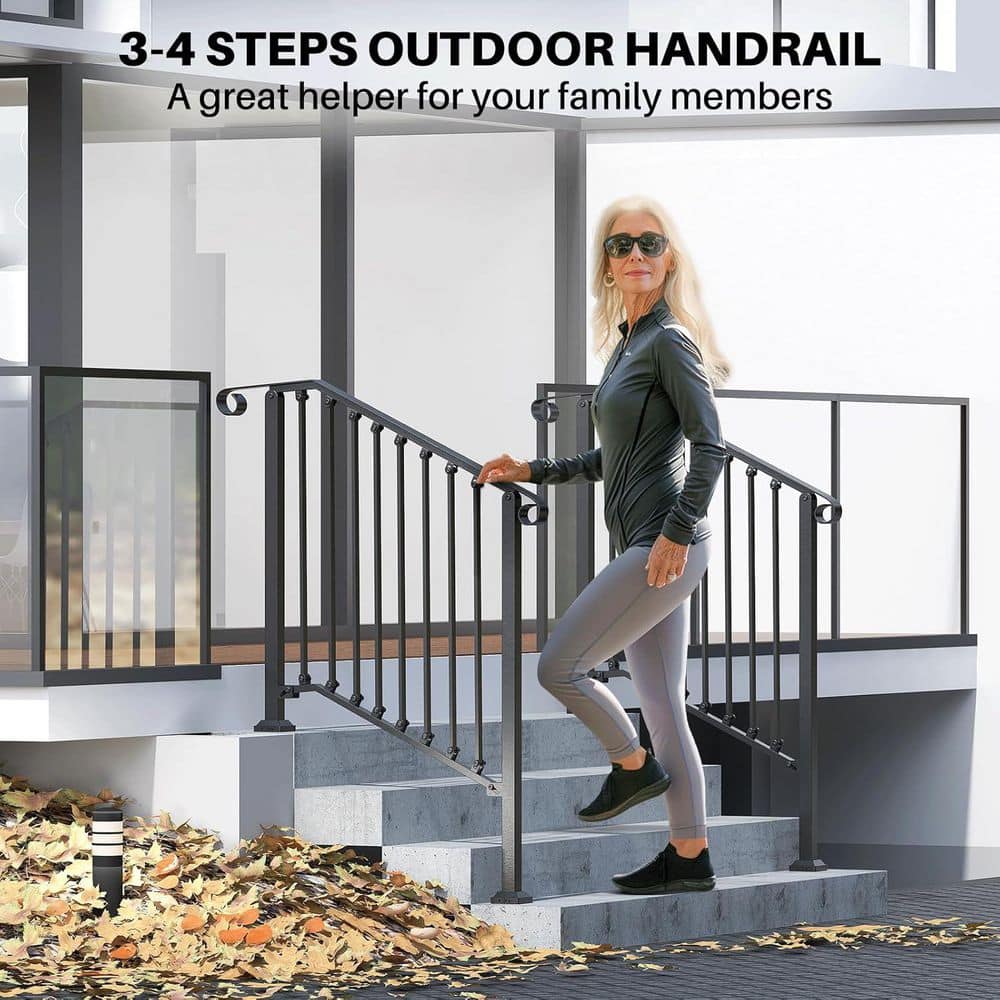 Afoxsos 51 x 43 Metal Outdoor Handrail for 3 or 4 Steps Stairs, Fits Concrete, Wooden, Deck Porch Steps (3)