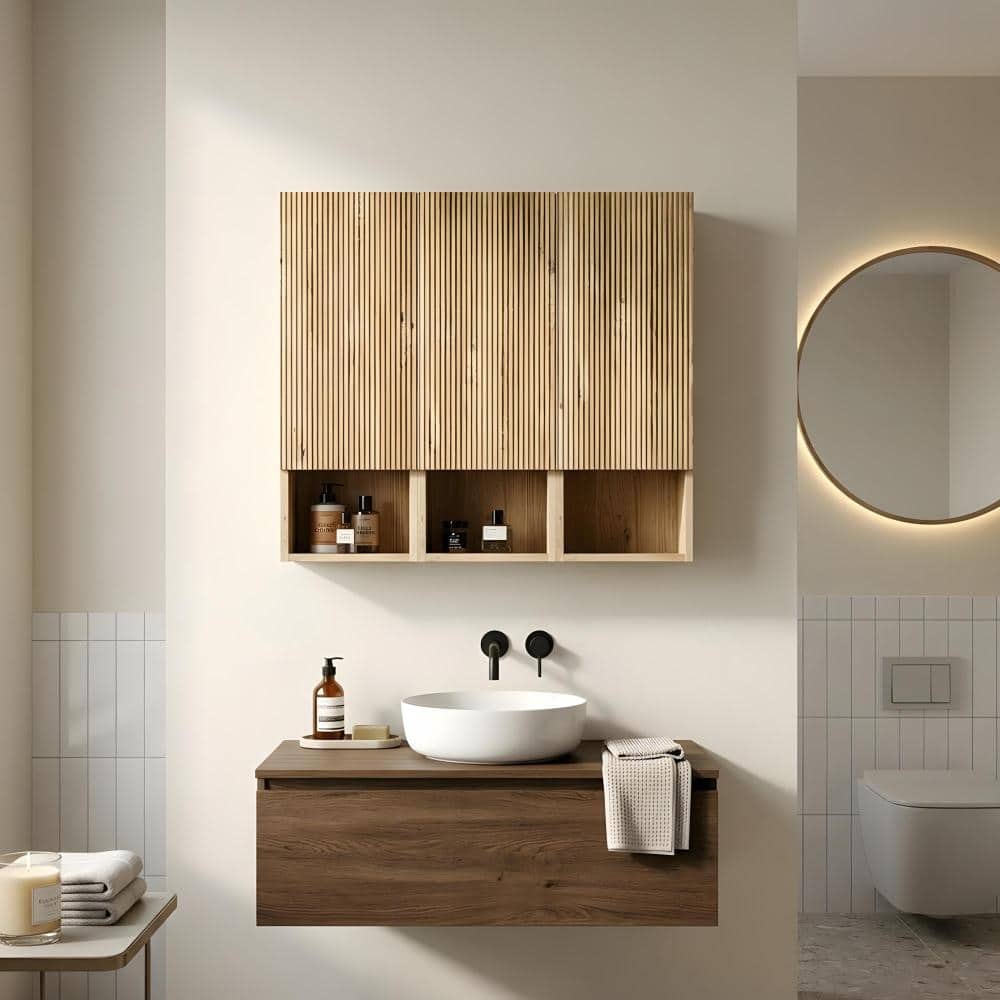 Zuvandra 35.46"W x 11.82"D x 31.52"H Eco-Friendly Wooden Bathroom Wall Cabinet with Doors and  Shelves, Oak (1)