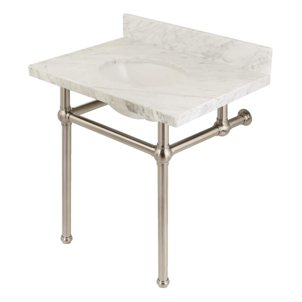 Kingston Brass Templeton Marble White Console Sink Basin and Leg Combo in Brushed Nickel (1)