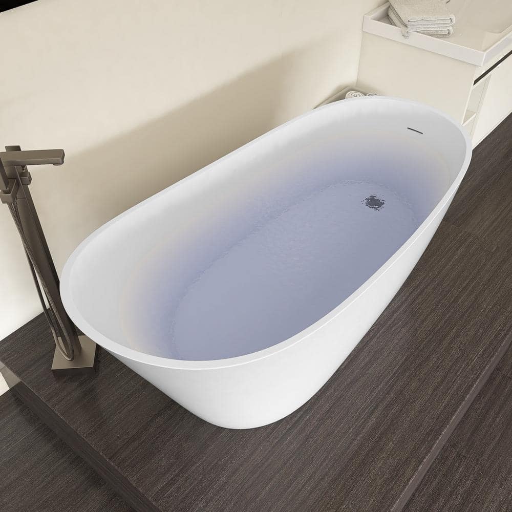 Getpro 67 in. x 29.5 in. Acrylic Flat Bottom Free Standing Bath Tub Oval Freestanding Soaking Bathtub with Side Drain in White (2)