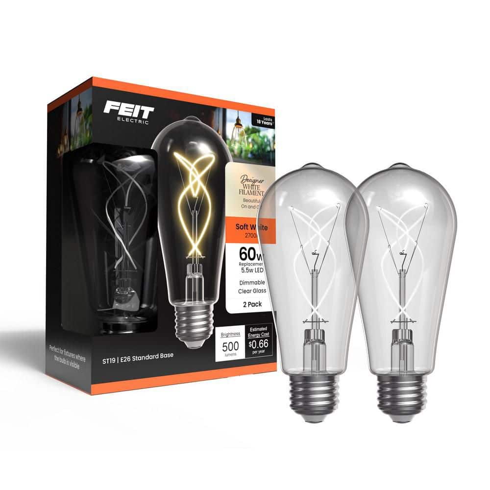 Feit Electric 60W Equiv. ST19 Dim. Knot White Filament Clear Glass E26 Vintage Edison LED Straight Tapered Light Bulb Soft White 2-PK (2)