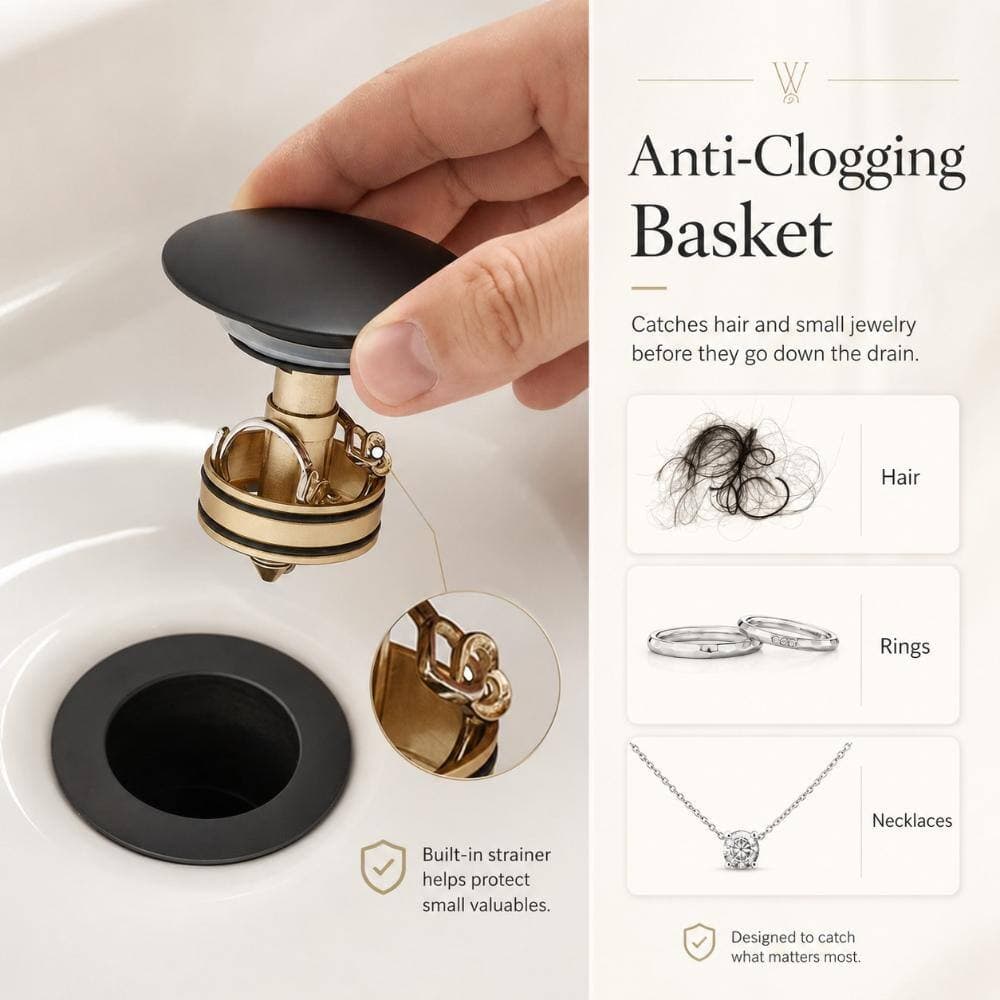 WIZ Stainless Steel Bathroom Sink Pop-Up Drain With Overflow with Brass Cap in Matte Black (3)