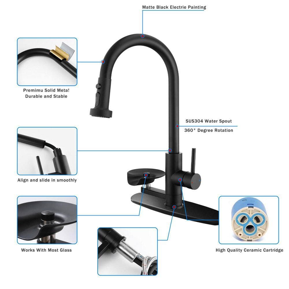 Unbranded 3-in-1 Kitchen Faucet with Press-Type Glass Rinser, Pull-Down Sprayer Faucet, Bath Accessory Set, Matte Black Finish (3)