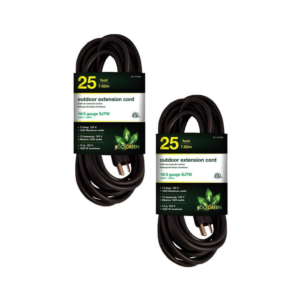 GoGreen Power 25 ft. 16/3 Indoor Heavy Duty Extension Cord Black (2-Pack) (1)