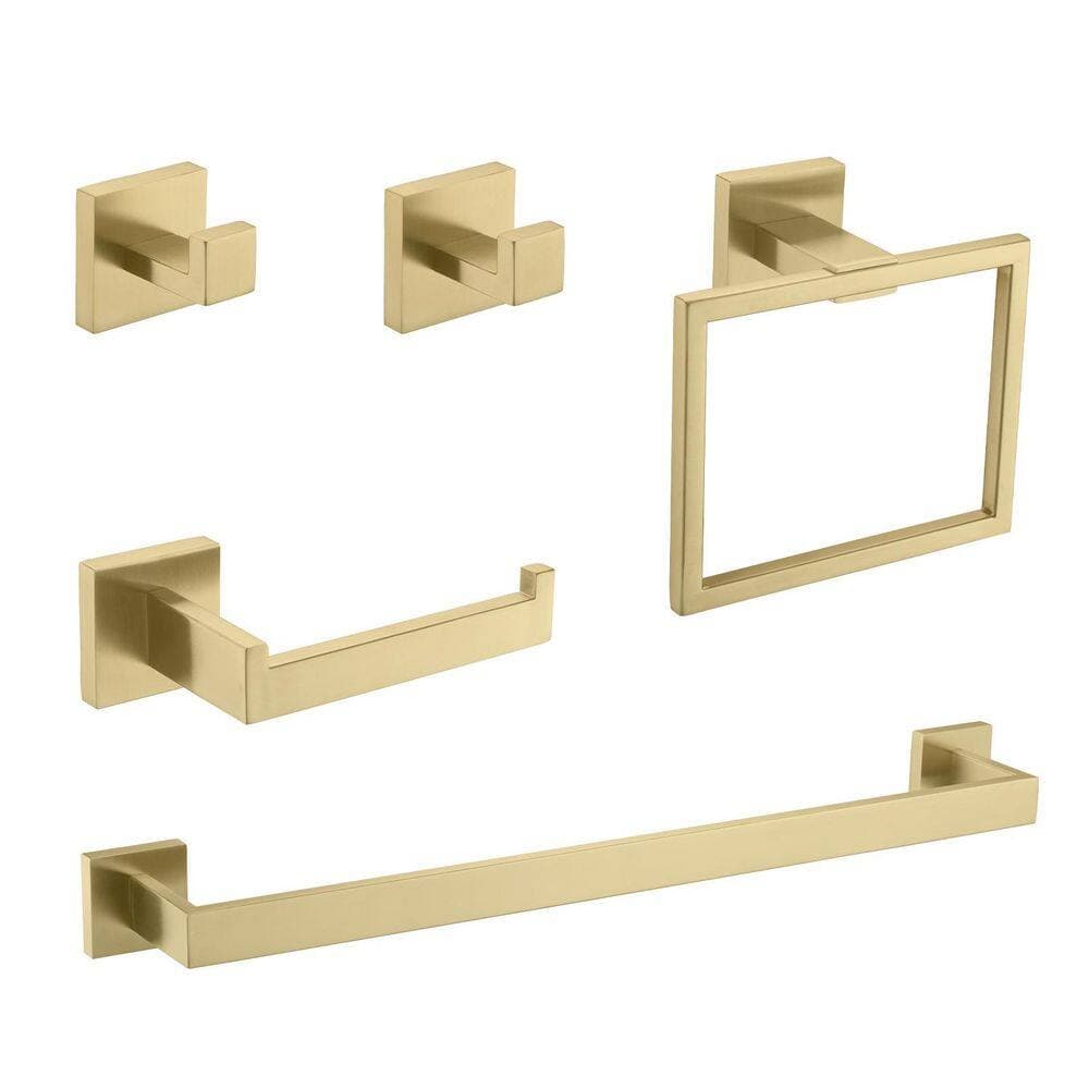 Unbranded 5-Piece Bathroom Towel Rack Set: Towel Bar + Ring + Hooks + TP Holder, Brushed Finish in Gold