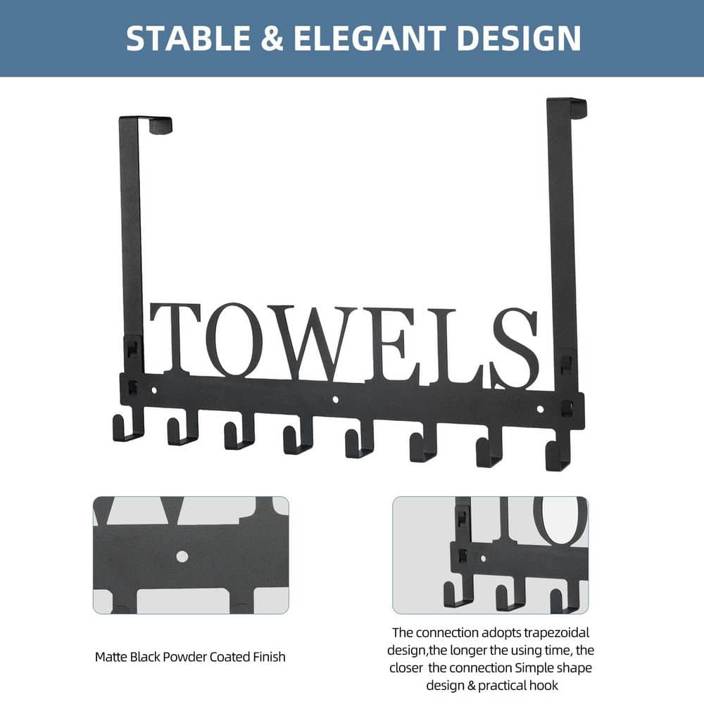 Unbranded Matte Black J-Hook Black Manganese Steel 8-Robe Hook Over the Door Wall Drill Towel Rack Holder for Bathroom Bedroom (3)