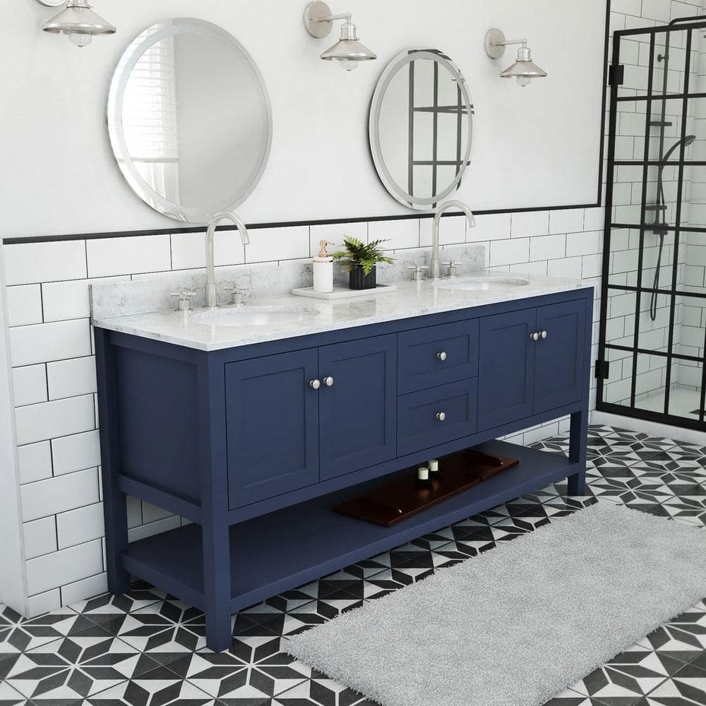 DreamLine Continuum 72 in. W x 22 in. D x 34 in . H Modern Console Vanity with Oval Undermount Sinks in Navy with White Top (1)