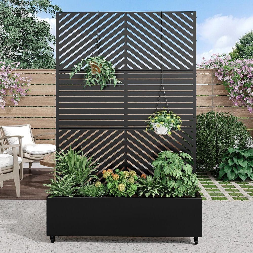 PexFix 72 in. H x 47 in. W Rectanglar Black Outdoor Metal Privacy Screen Planter Box Wall Decor (2)