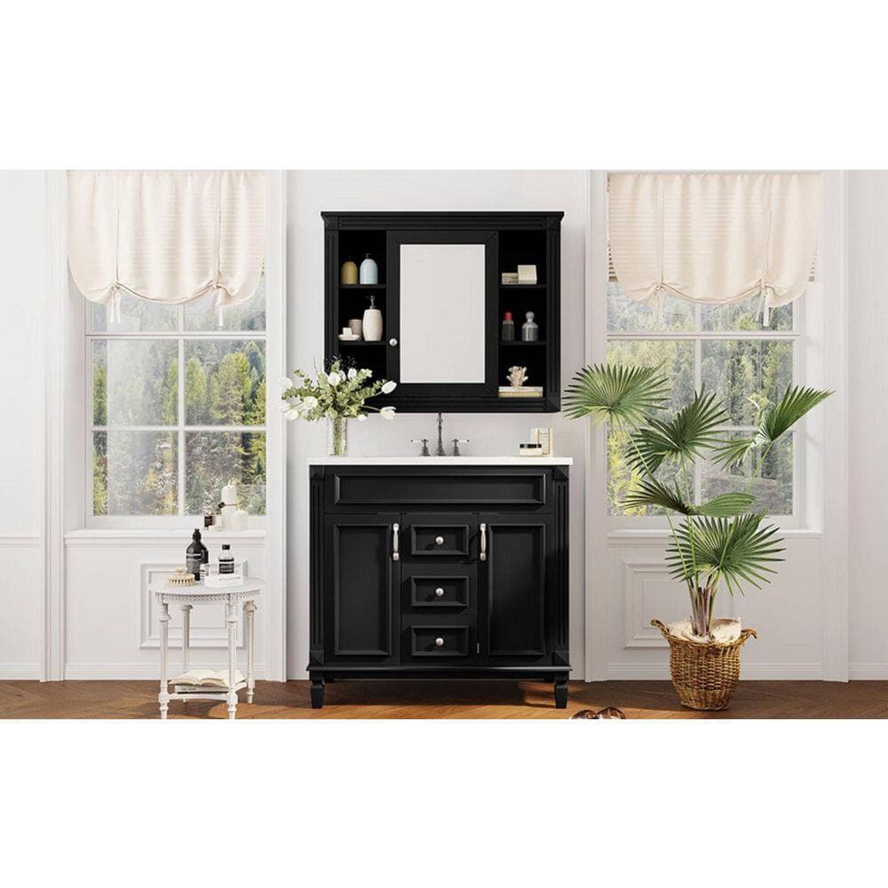Siavonce 18.10 in. W x 28 in. D x 35 in. H Bathroom Single Sink Linen Cabinet with 2 Soft-Close Doors and 2 Drawers, Black (2)
