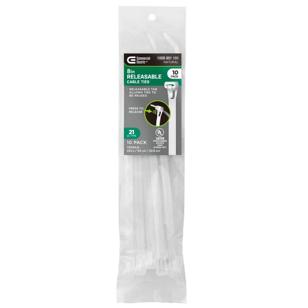 Commercial Electric 8 in. Reusable Releasable UL 21 Rated Cable Zip Ties 10 Pack Natural (White) (1)