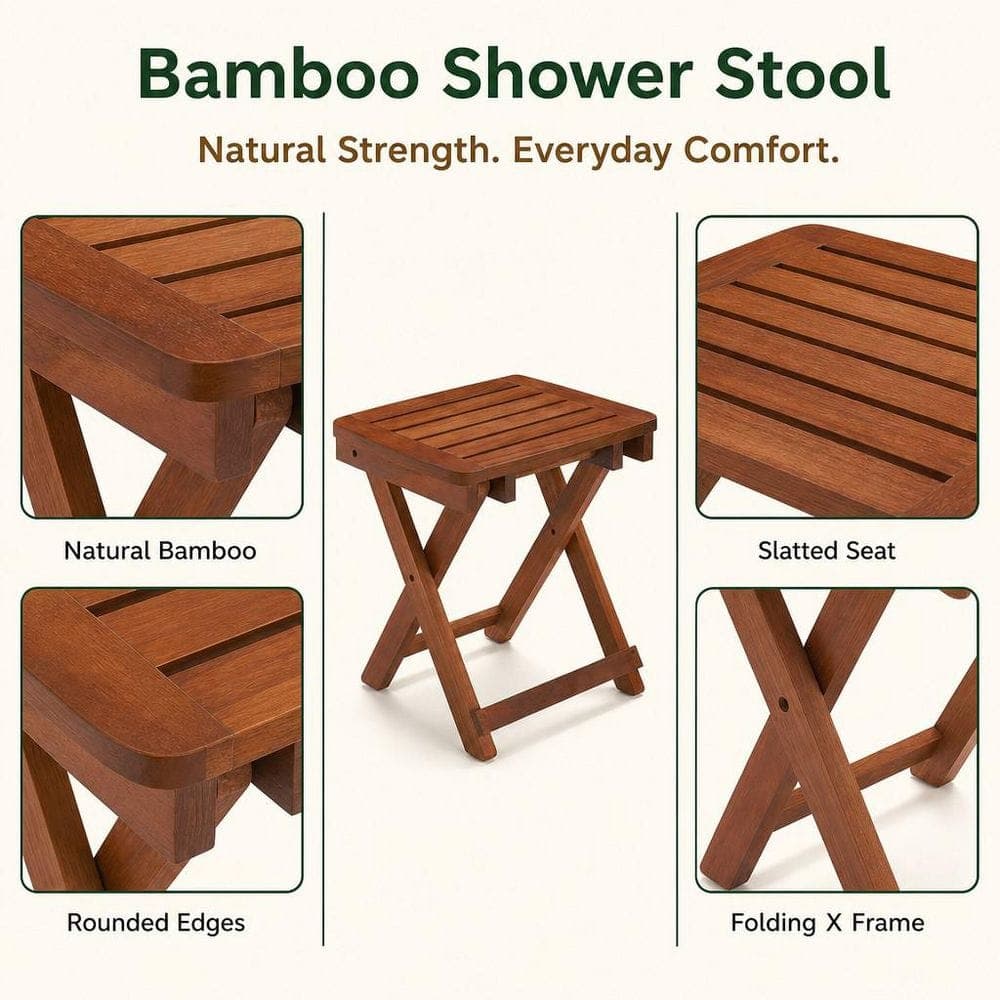 Wudkey Portable Shower Bench 13.2 in. W Freestanding Folding Bamboo 500 lb Capacity Shower Seat in Natural Bamboo (3)