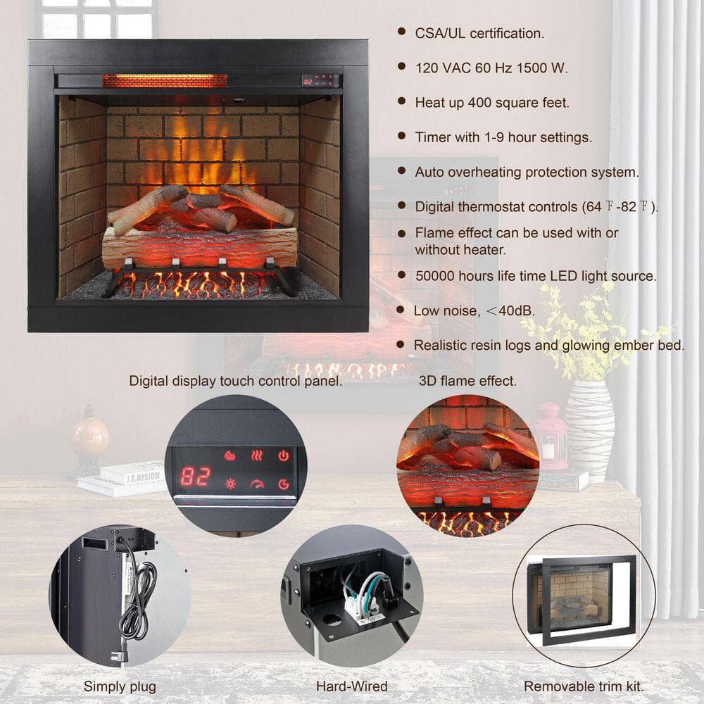 Mondawe 28 in. 5000BTU Infrared Electric Fireplace Insert with Fire Cracking Sound & Removable Trim Kit in Black (3)