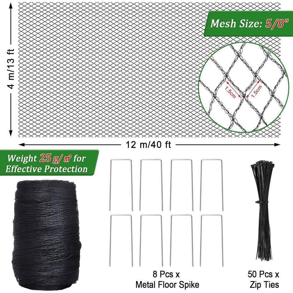 KIWDZFU 13 x 40 ft. Heavy Duty Garden Bird Netting Protective Cover for Plants Fruit Trees Vegetables with Ties Staples (3)