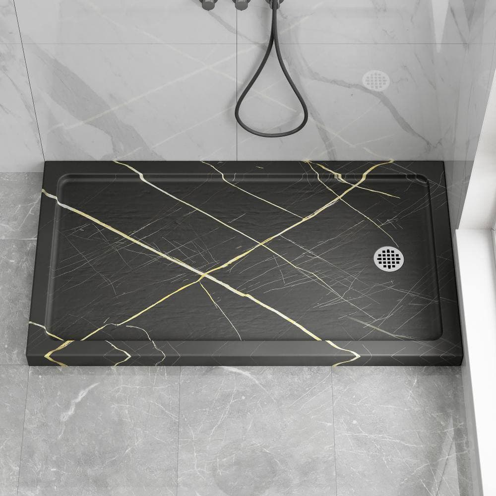 LMLMD 60 in. x 32 in. Shower Pan Base in Matte Black With Marble Pattern, Left/Right Drain and Detachable Flanges (2)