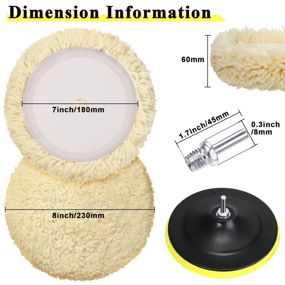 LAIFUCAM 8 Inch Wool Buffing Polishing Pads Car Boat Wood Marble Surface Polishing with Hook Loop Backing Plate 6 pcs (3)