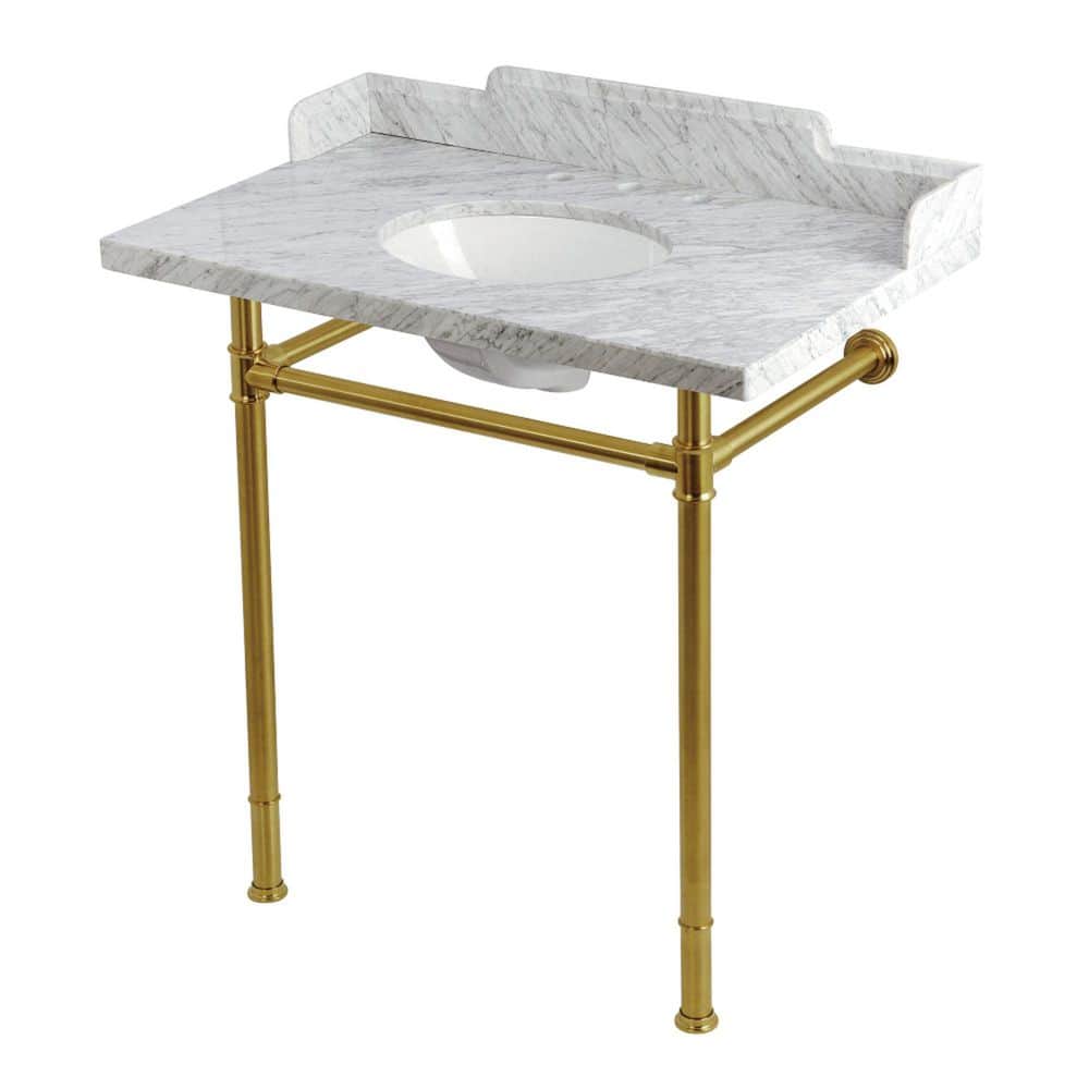Kingston Brass Wesselman 36 in. x 22 in. Console Sink Combo in Carrara Marble White/Brushed Brass with Legs (1)