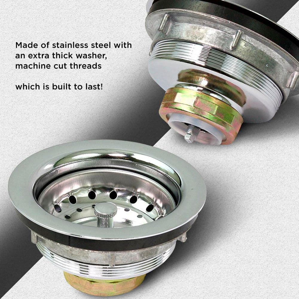 PLUMBFLEX 3-1/2 in. - 4 in. Heavy-Duty Kitchen Sink Stainless Steel Drain Assembly with Strainer Basket Stopper (3)
