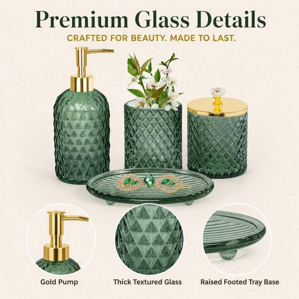 Numhew 4-Piece Bathroom Accessories Set in Green with Soap Dispenser Set, Toothbrush Holder, Qtip Holder, Soap Dish (3)